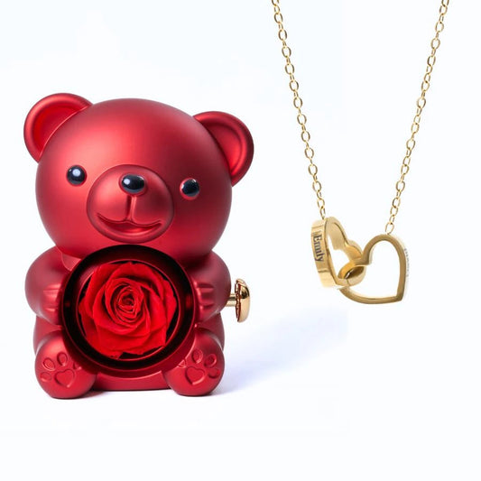 Ours Rose Éternelle & Collier Personnalisé – Cadeau Romantique Unique