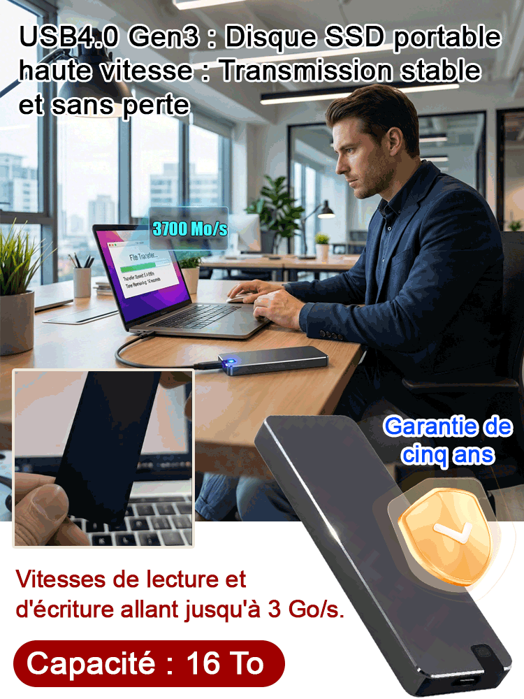 SSD Portable Ultra-Rapide USB 4.0 Gen3 : Transfert Stable et Sans Perte